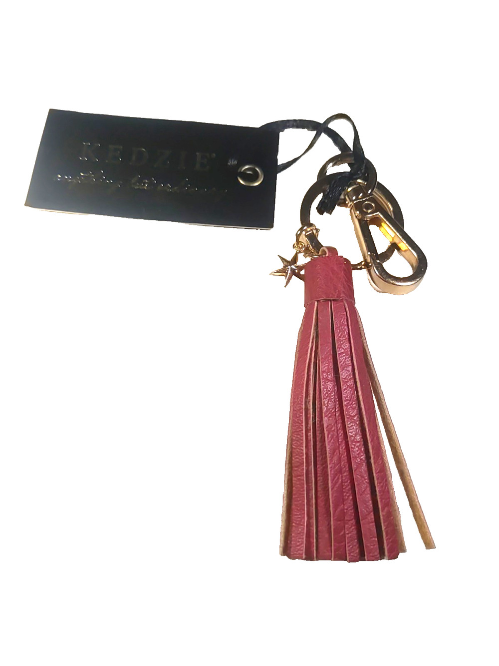 Kedzie Keychain Red Leather Fringe Gold Tone Keychain Purse Clip Star